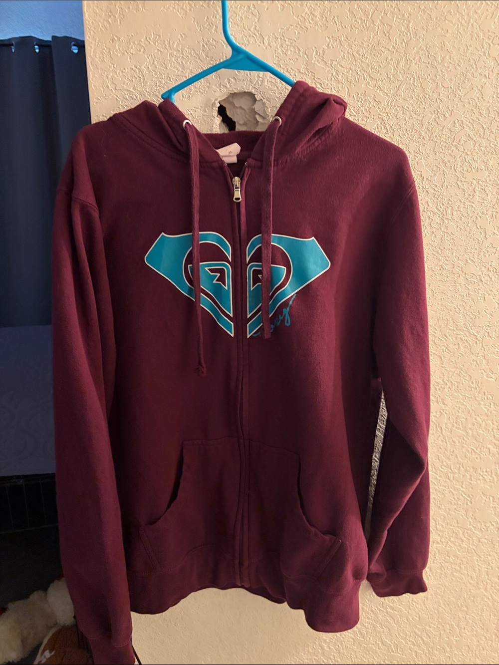 ROXY Zip-Up Hoodie Jacket in Burgundy with Teal Graphic XL